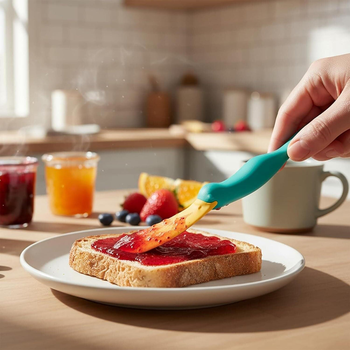 a person spreading jam on a piece of bread