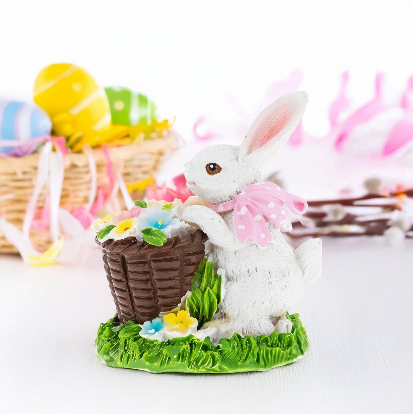 Spring Bunny Figurine With Floral Basket Easter Tabletop Accent 3 Inches Tall