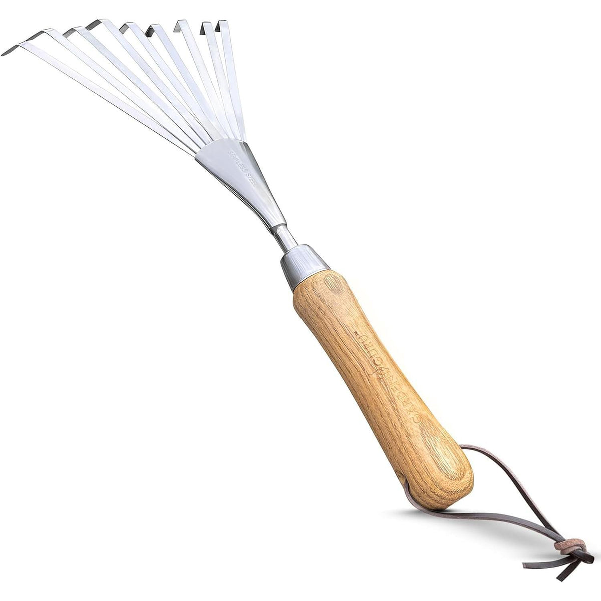 Stainless Steel Garden Hand Rake (classic wood handle)