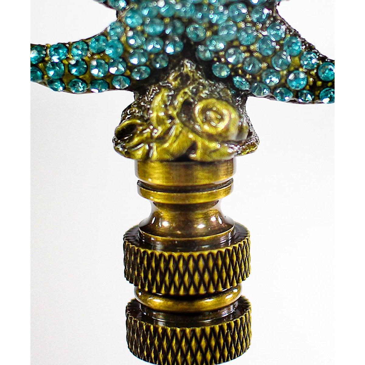 Starfish with Aegean Blue Glass Lamp Finial Antique Metal 2.5"h