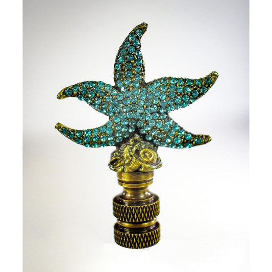 Starfish with Aegean Blue Glass Lamp Finial Antique Metal 2.5"h