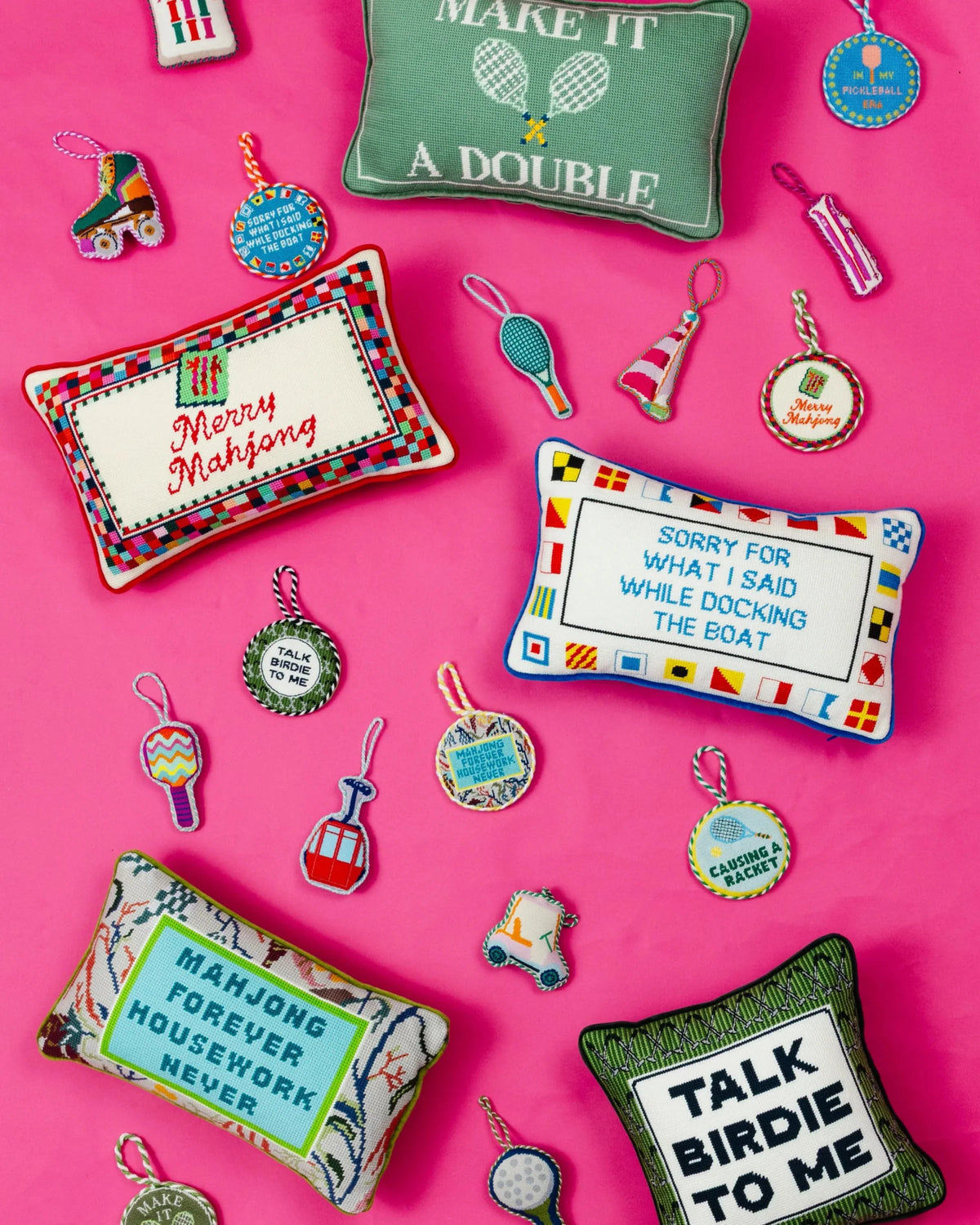 a group of pillows with text on them