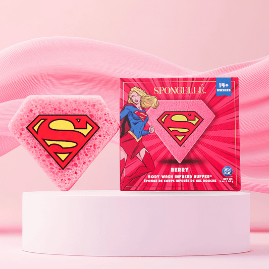 a pink sponge with a logo on it