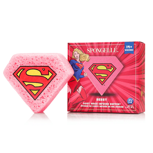 a pink sponge with a logo on it next to a box
