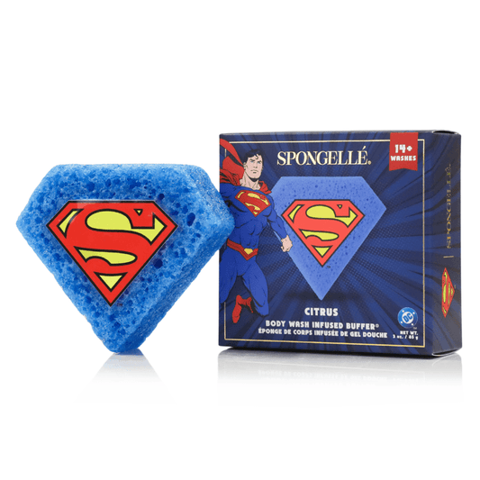 a blue sponge with a logo on it next to a box