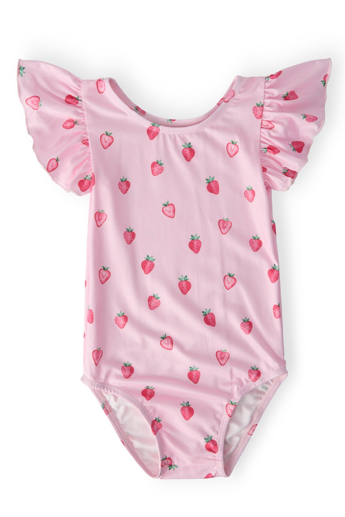 a pink one piece with strawberries on it