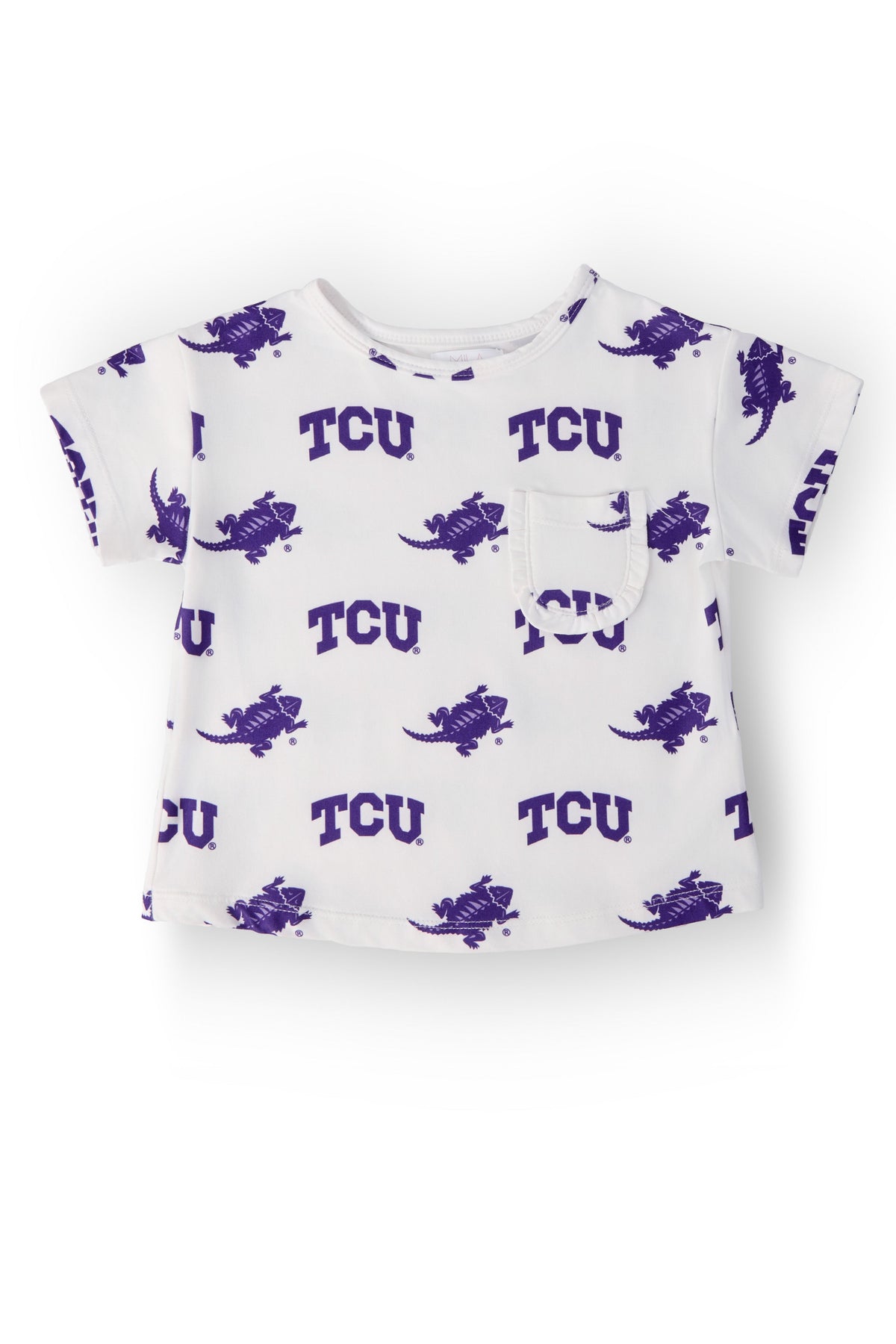 a white shirt with purple dinosaurs on it