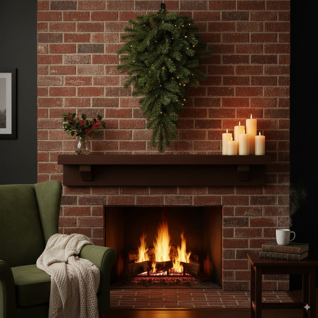 a fireplace with candles and a christmas tree on the mantle