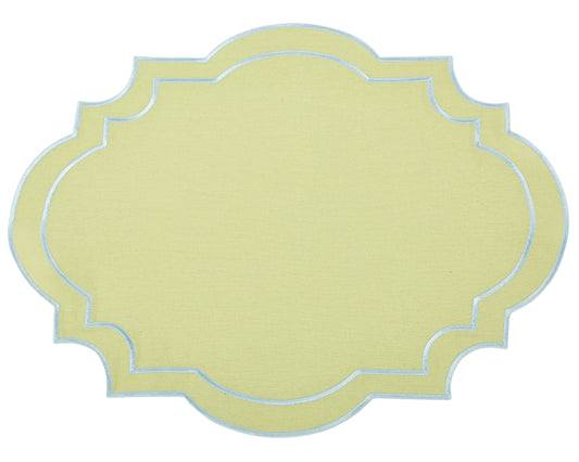 a yellow place mat with blue trim