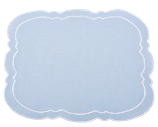 a white and blue place mat