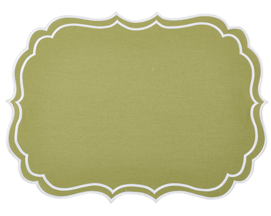 a green fabric with white trim