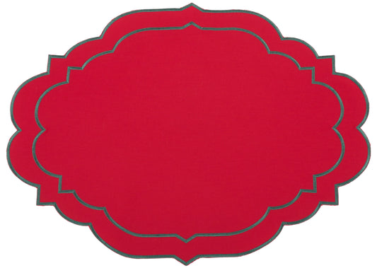 a red place mat with green trim
