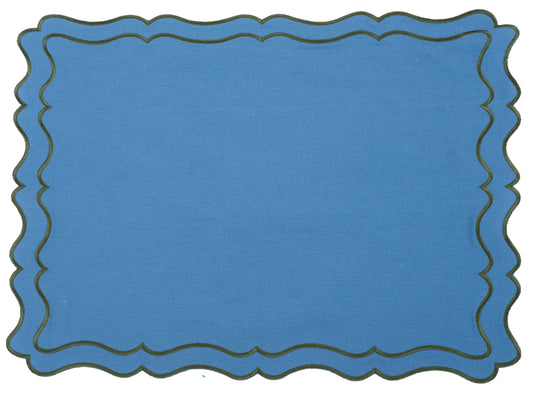 a blue place mat with black trim