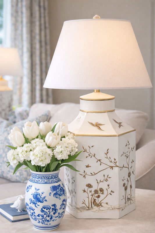 a vase of flowers and a lamp