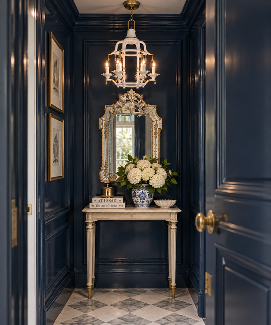 a mirror and a table with flowers in it