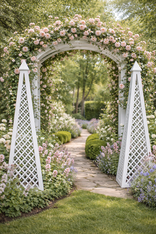 a path with flowers and a white archway