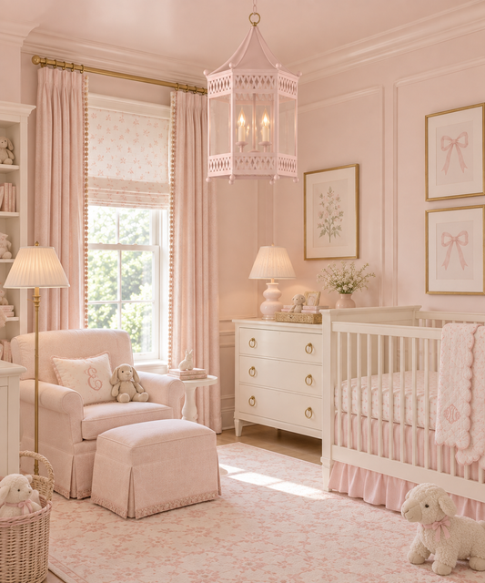 a room with pink furniture and a crib