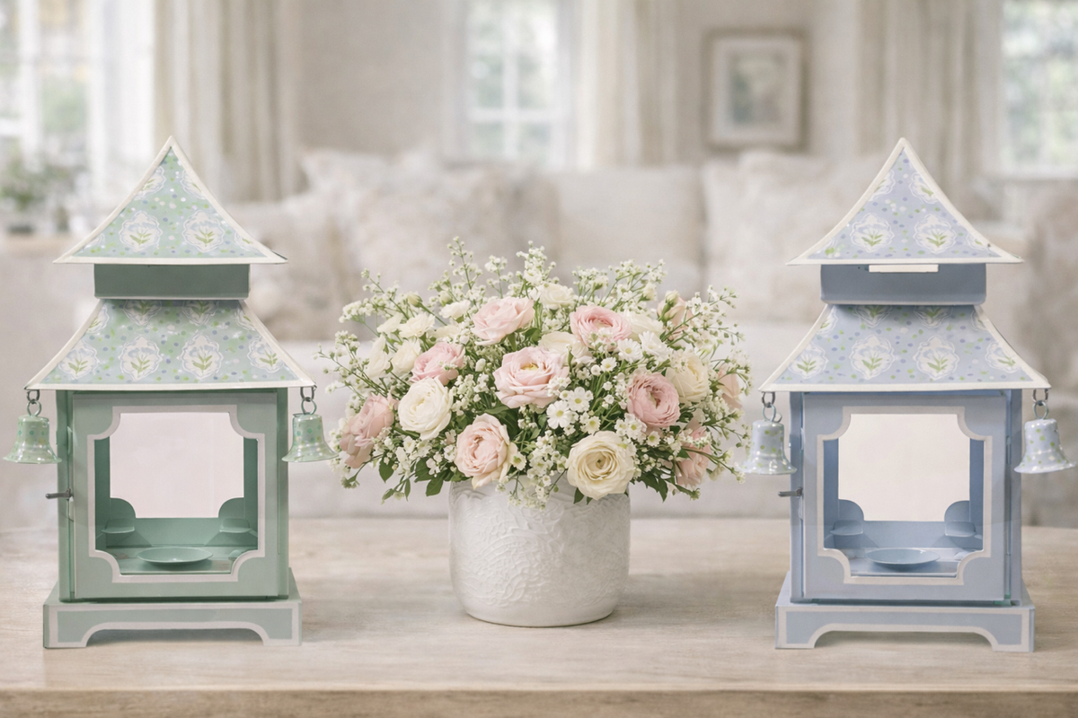 Sage Green & White Tulip Pagoda Lantern (3 Sizes)