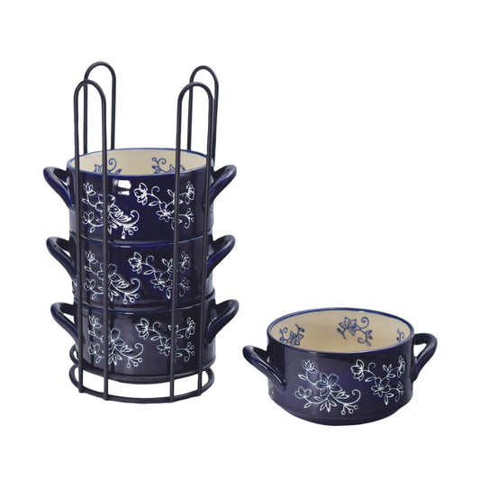 Floral Lace Blue (Set of 4) 22 oz. Stack-A-Bowls with Rack by Temp-tations
