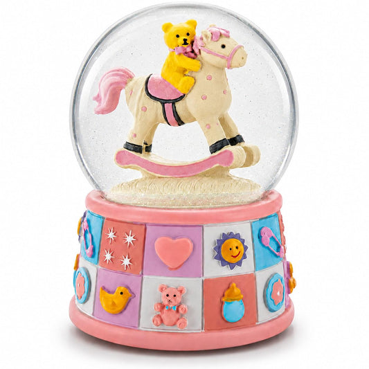 Teddy Bear Rocking Horse Musical Snow Globe - Nursery Decor 5.7 Inches