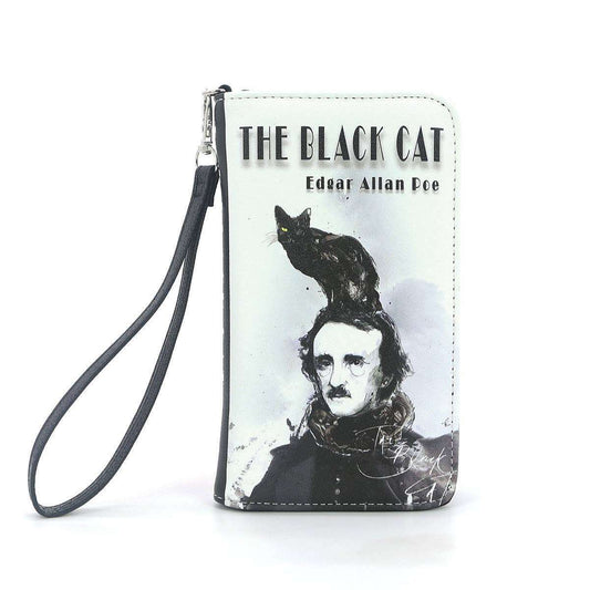 a wallet with a picture of a man and cat on it