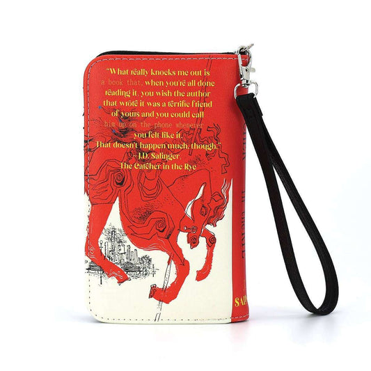 a red and white wallet with a black strap