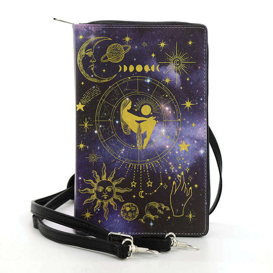 a purple wallet with a black strap