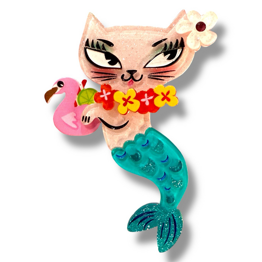a cat mermaid with a flower necklace