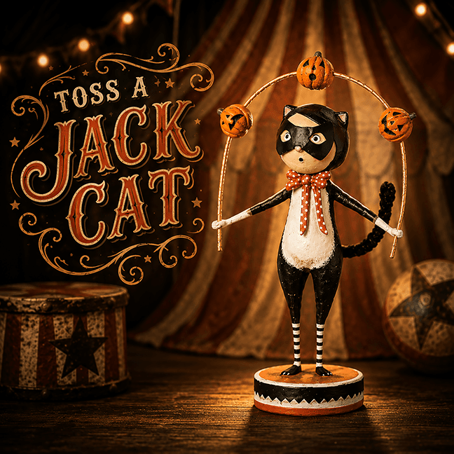 Toss a Jack Cat Halloween Figurine by Lori Mitchell — 7-Inch Folk Art Poly Resin Collectible