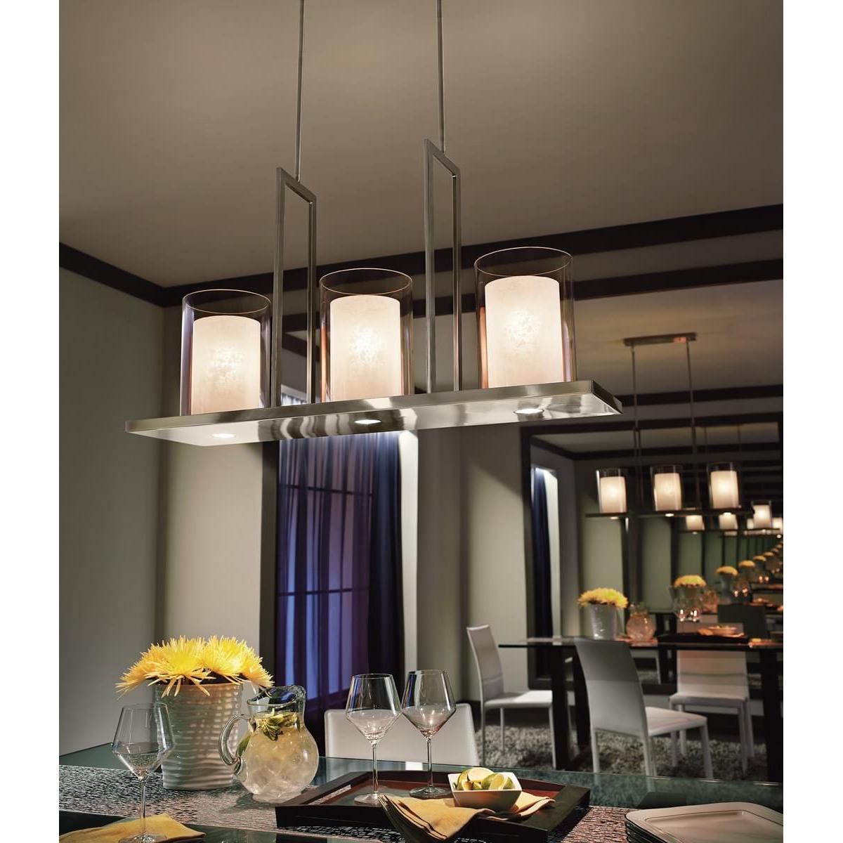 Triad 40"W 6-Light Classic Pewter Finish Clear Glass White Vetro Mica Shades Linear Chandelier by Kichler