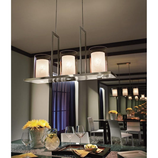 Triad 40"W 6-Light Classic Pewter Finish Clear Glass White Vetro Mica Shades Linear Chandelier by Kichler