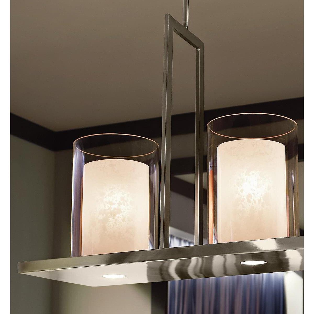 Triad 40"W 6-Light Classic Pewter Finish Clear Glass White Vetro Mica Shades Linear Chandelier by Kichler