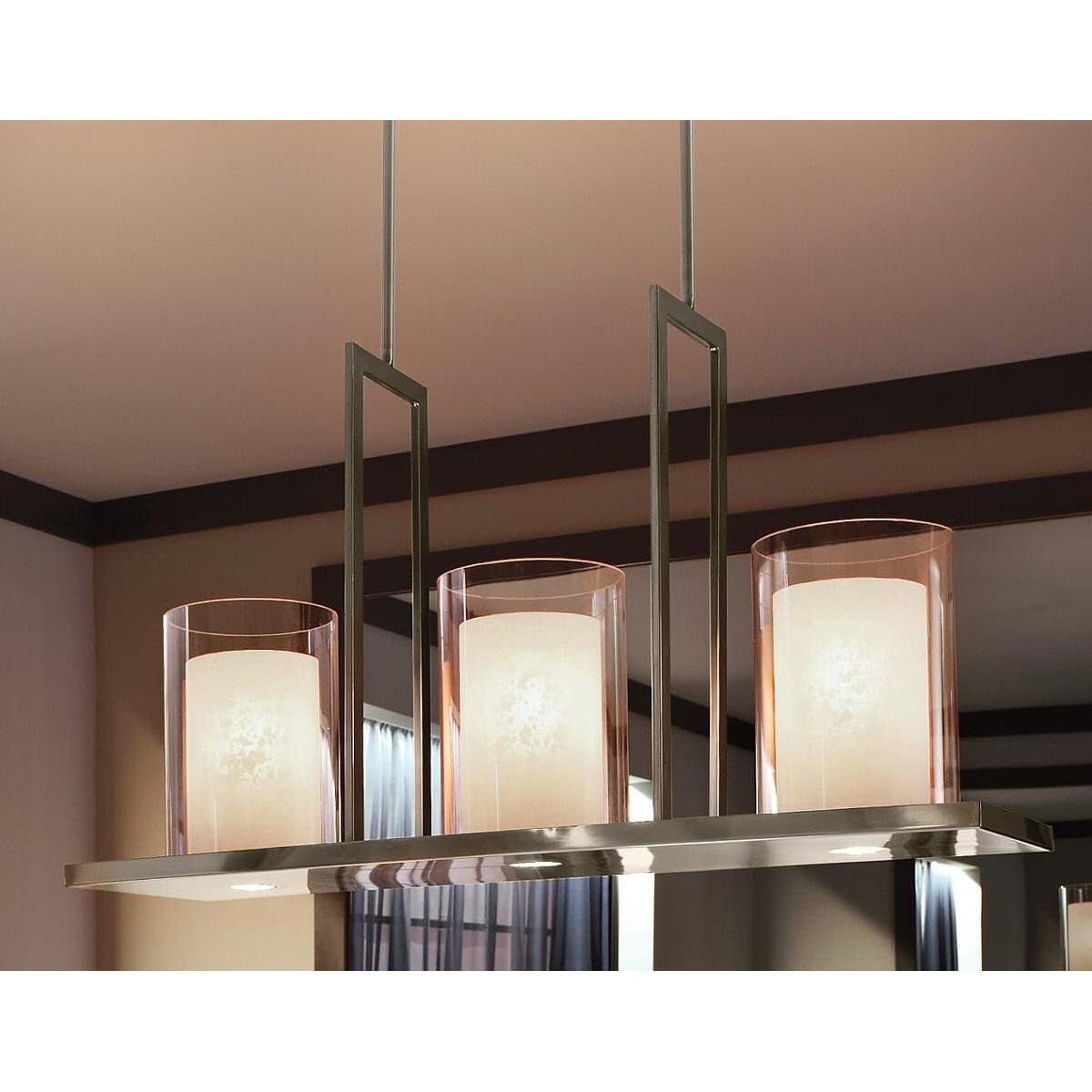 Triad 40"W 6-Light Classic Pewter Finish Clear Glass White Vetro Mica Shades Linear Chandelier by Kichler