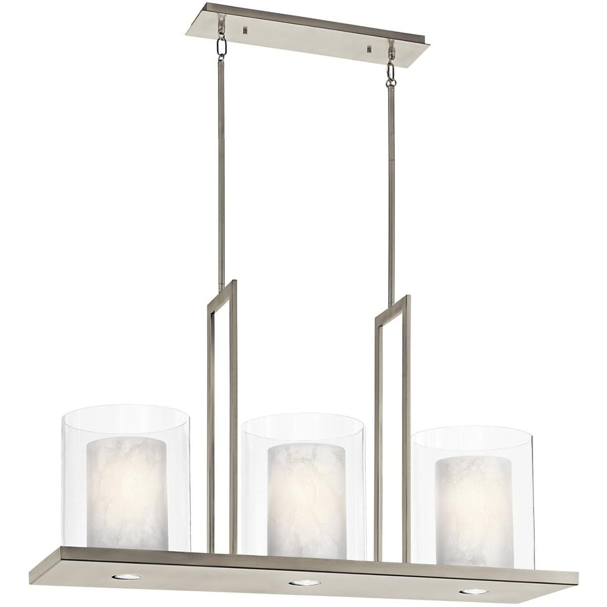 Triad 40"W 6-Light Classic Pewter Finish Clear Glass White Vetro Mica Shades Linear Chandelier by Kichler
