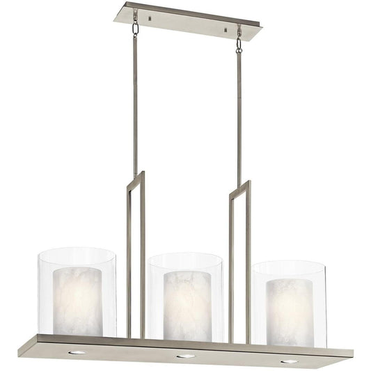 Triad 40"W 6-Light Classic Pewter Finish Clear Glass White Vetro Mica Shades Linear Chandelier by Kichler