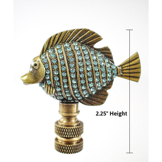 Tropical Fish Lamp Finial with Aegean Blue Glass Antique Brass Finish 2.25"h