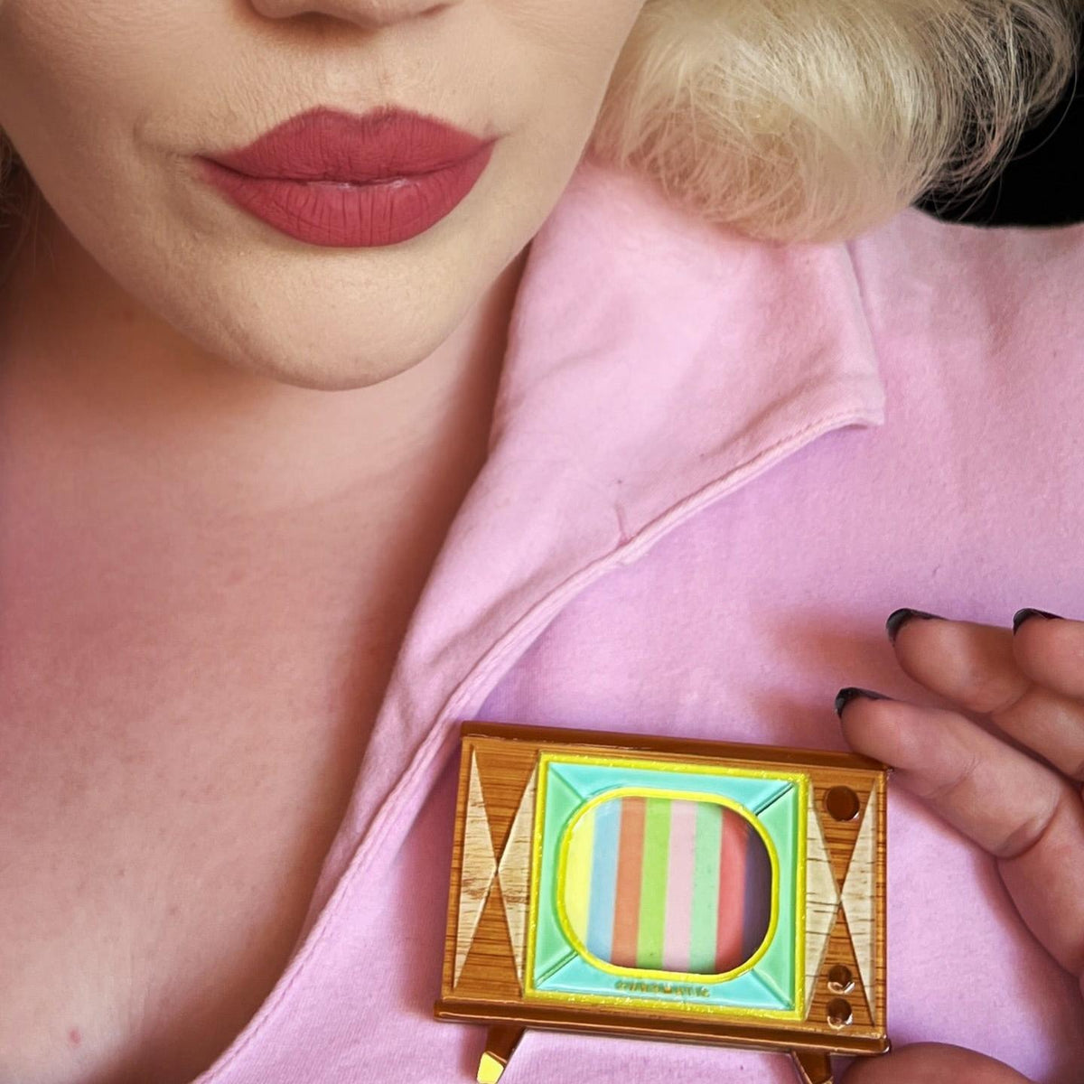 Tune In Customizable Retro TV Brooch by Lipstick & Chrome