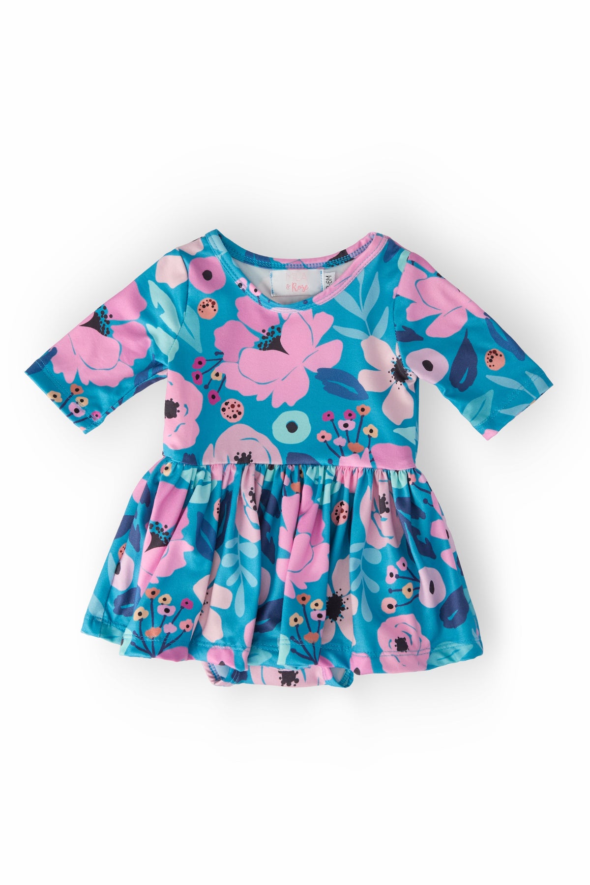 a blue and pink dress with flowers on it