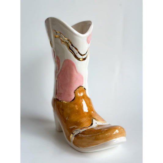 Two Tone Cow Print Cowboy Boot Vase
