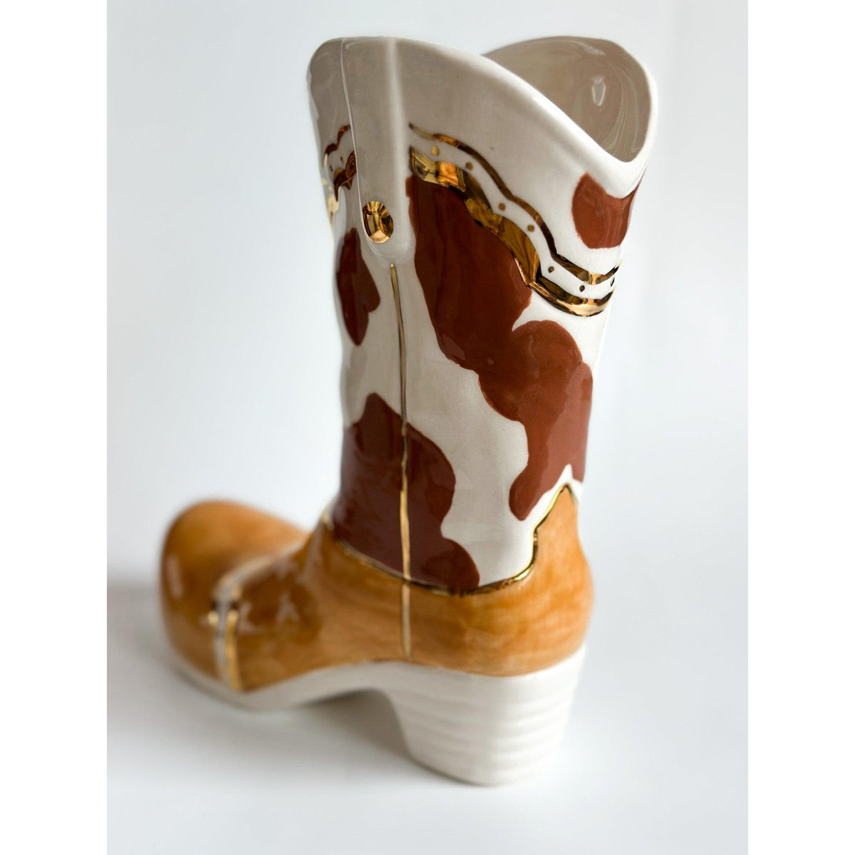 Two Tone Cow Print Cowboy Boot Vase
