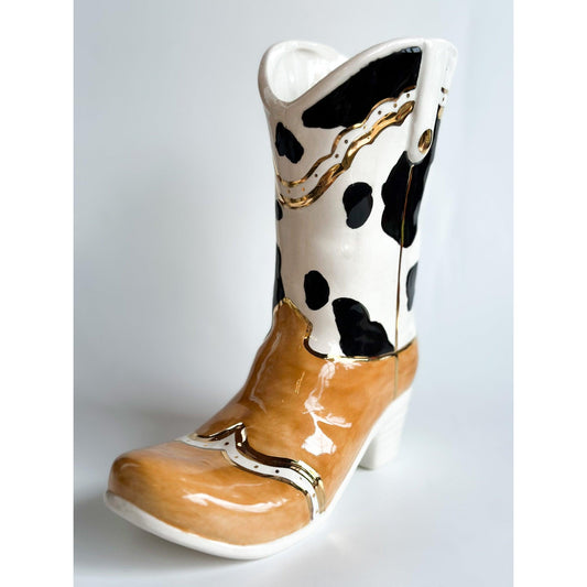 Two Tone Cow Print Cowboy Boot Vase