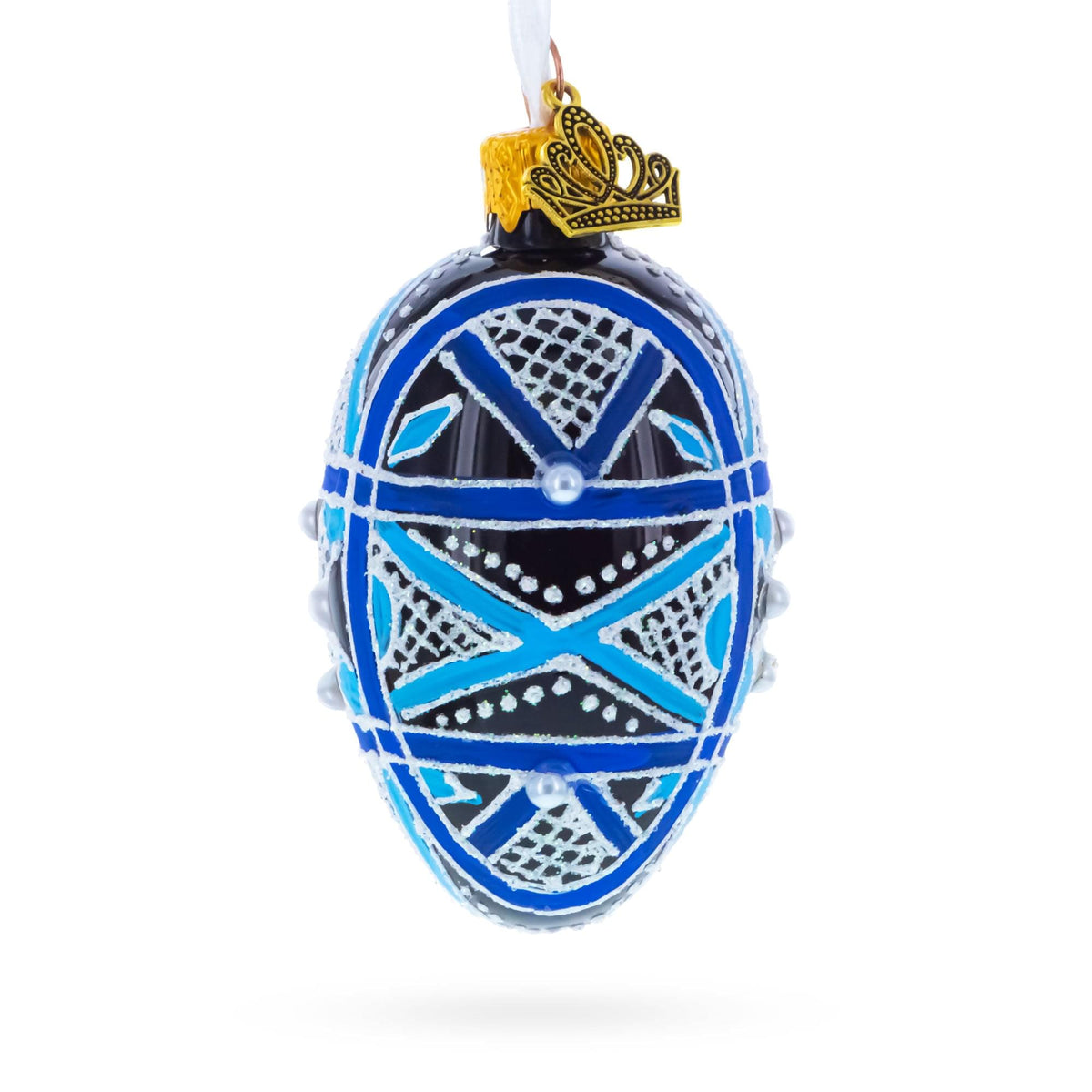 Ukrainian Geometric Blue on Purple Mini Glass Egg Ornament 2.9 Inches