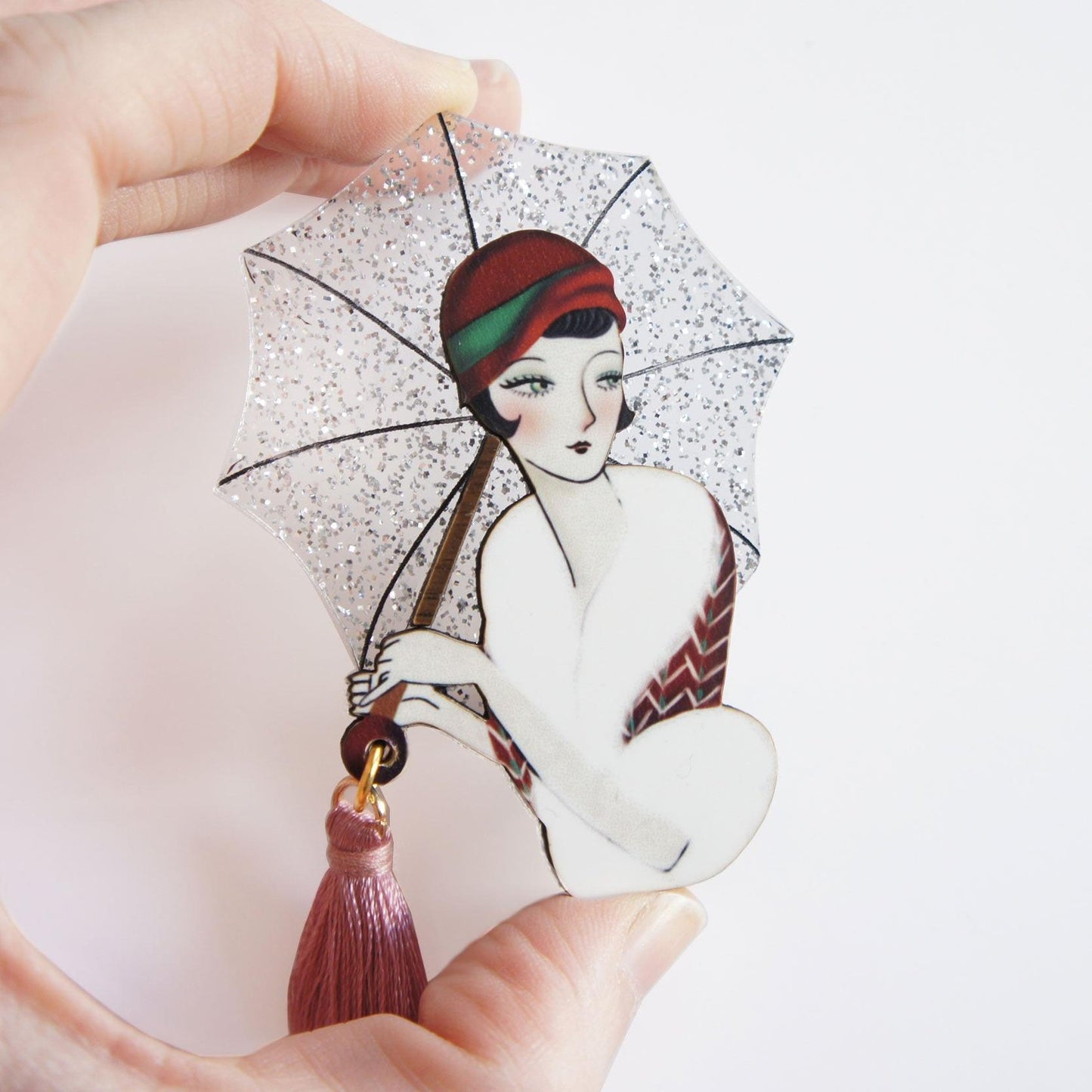 Umbrella Girl Brooch by Laliblue – Retro Kitschy Statement Brooch for Collectors