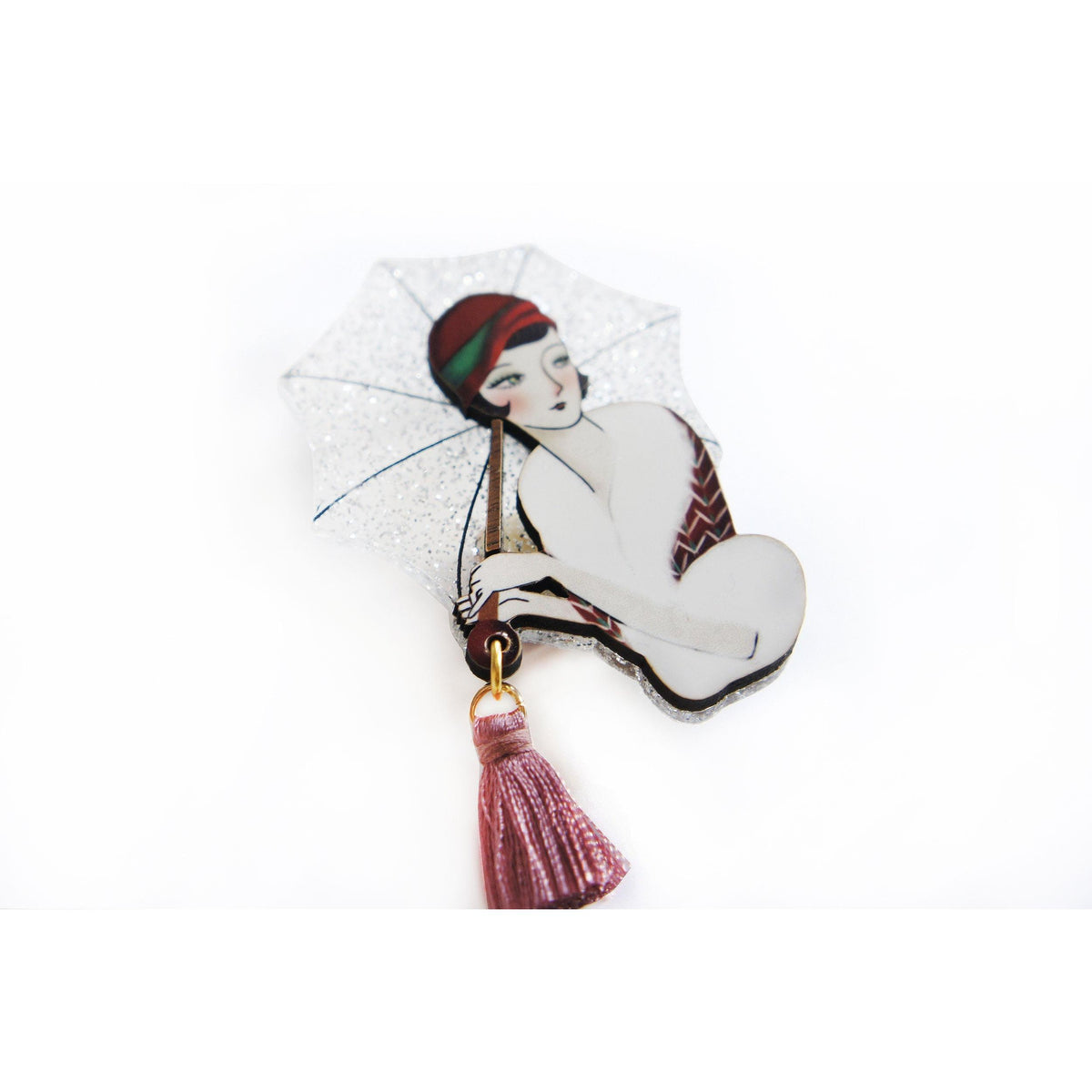 Umbrella Girl Brooch by Laliblue – Retro Kitschy Statement Brooch for Collectors