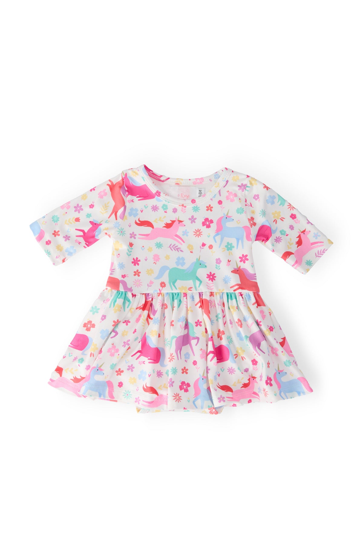 a white dress with pink and blue horses and flowers