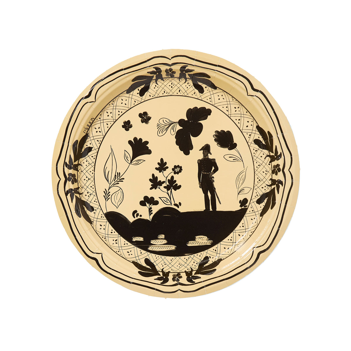 a plate with a picture of a man and plants