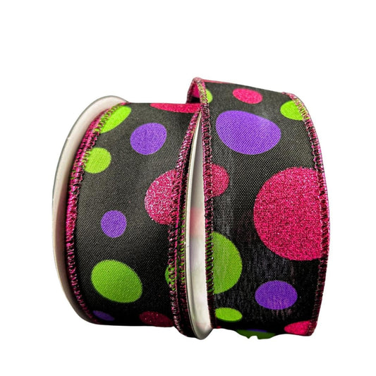 1.5" Glitter Dots Black Ribbon: Fuchsia, Lime Green Purple (10 Yards)