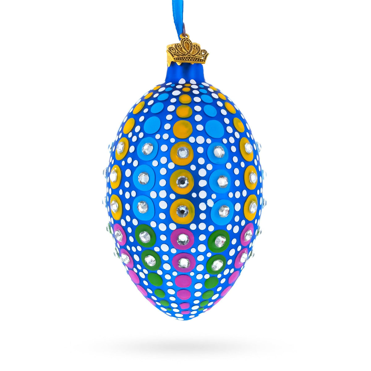 a blue decorated egg with colorful dots