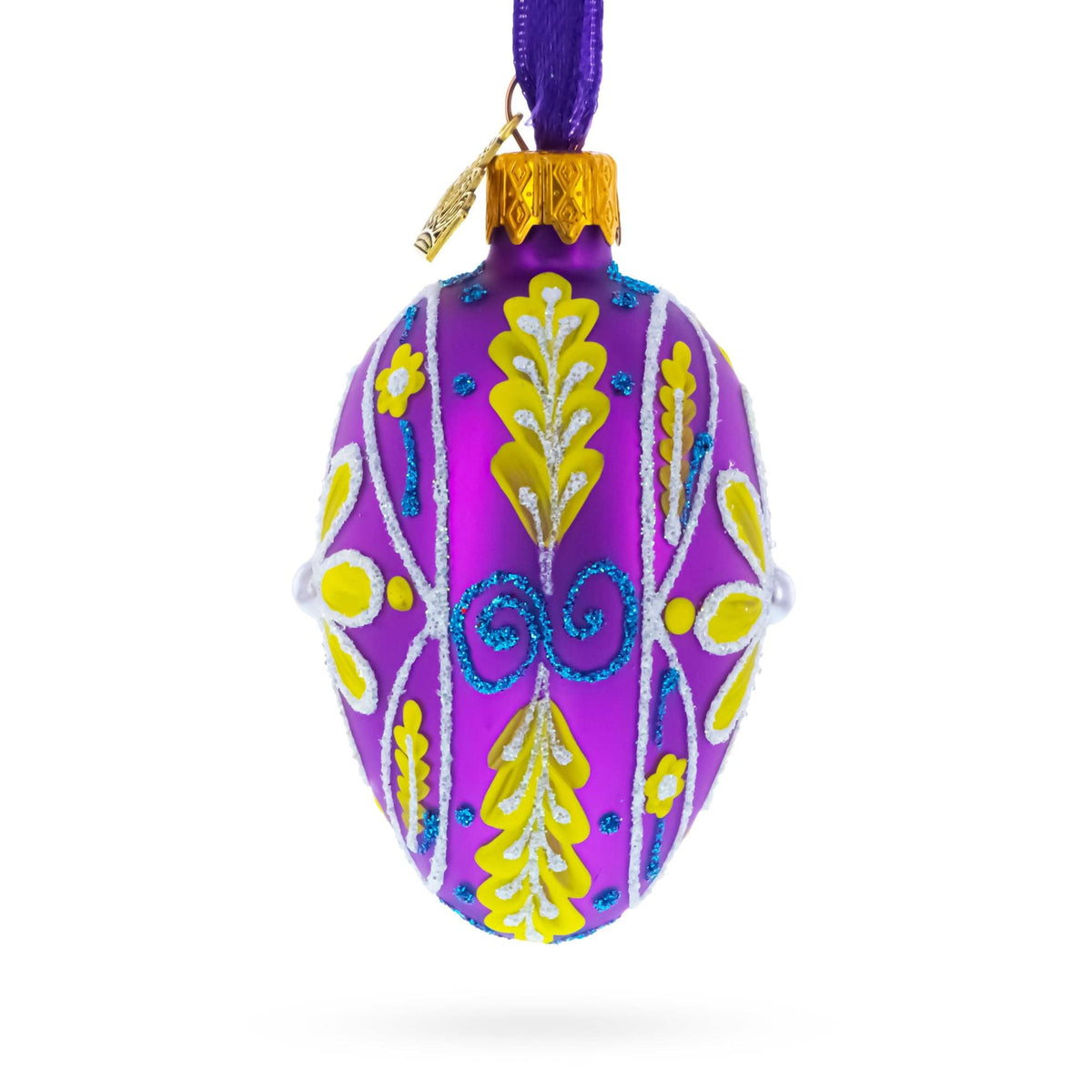 a purple and yellow decorated egg ornament