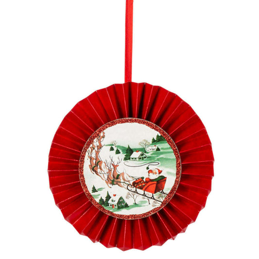 a red ribbon with a picture of santa on a sleigh